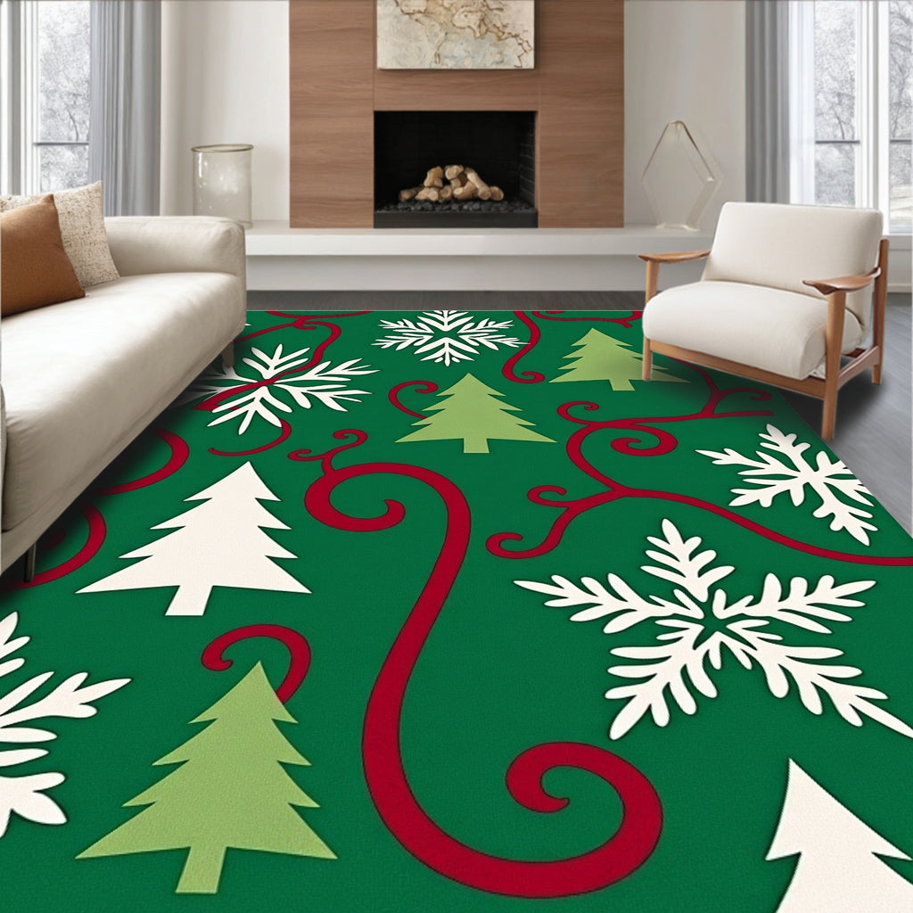 Green Christmas Trees Snowflakes Swirls Rug