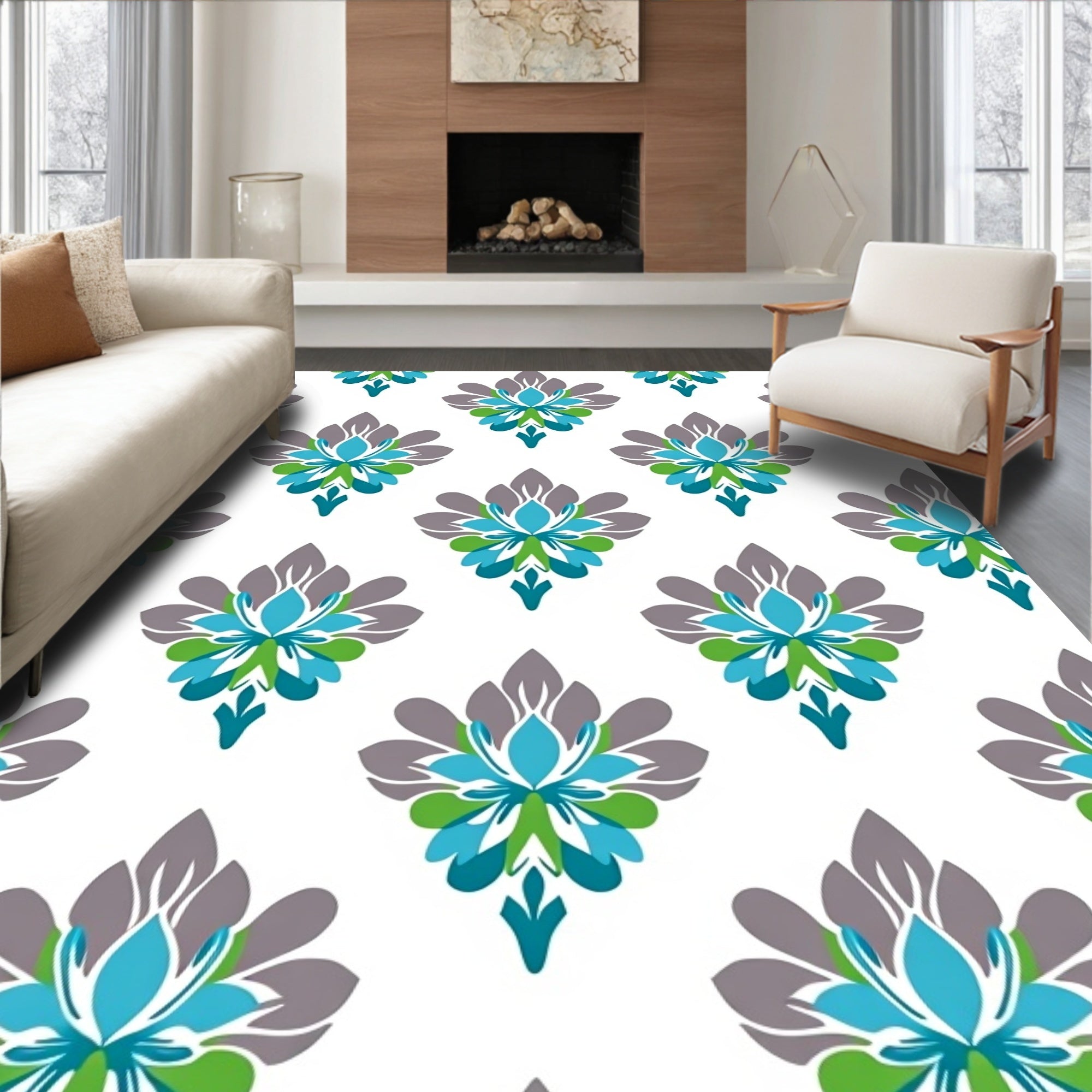 Turquoise Grey Green Floral Damask Rug