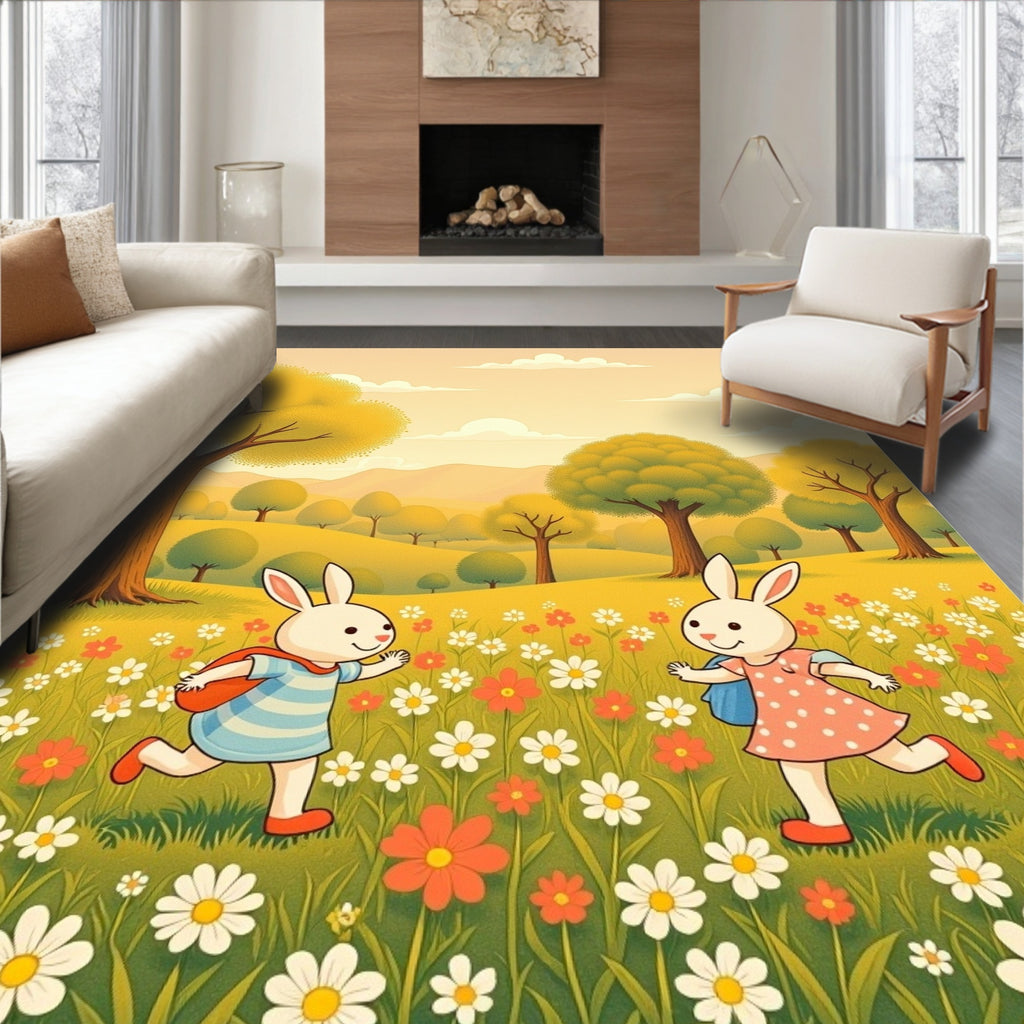 Whimsical Blooming Meadow Bunny Scene Rug