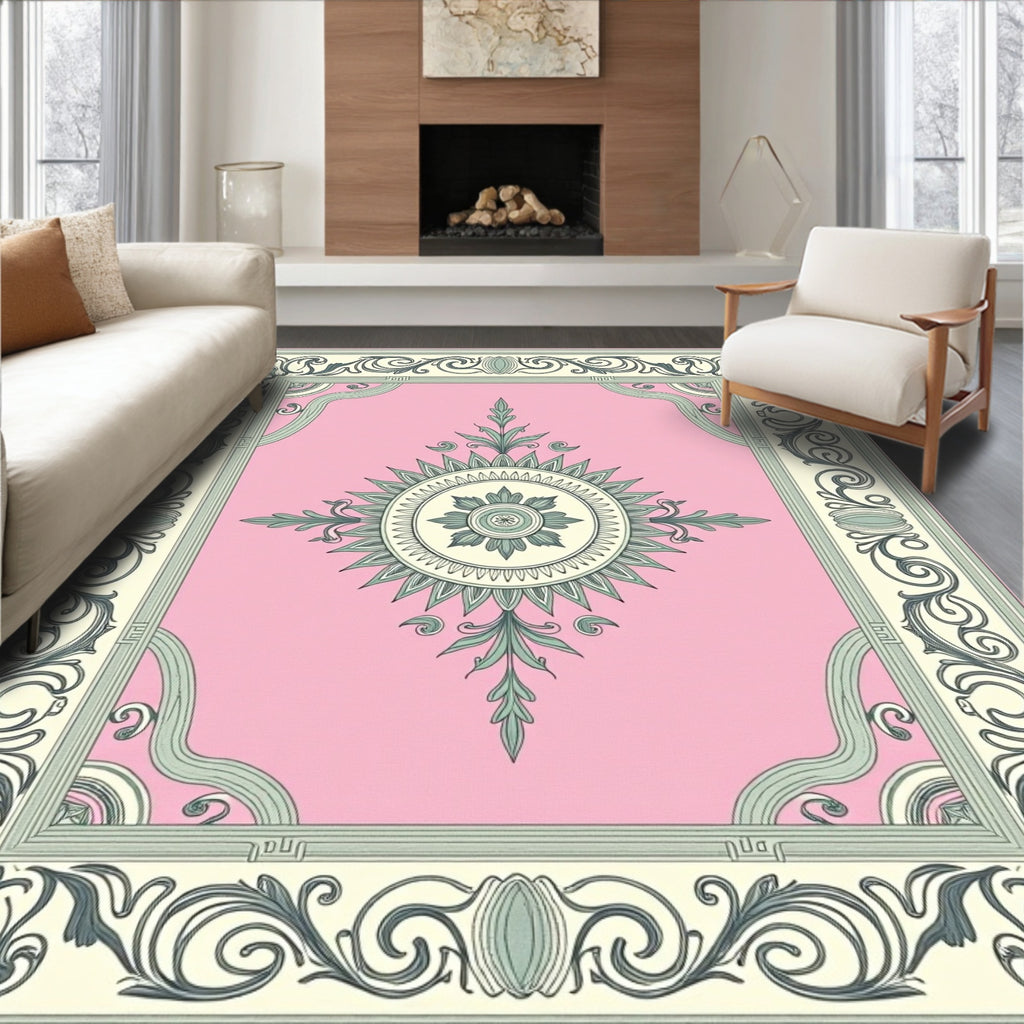 Pink Green Floral Sunburst Frame Rug