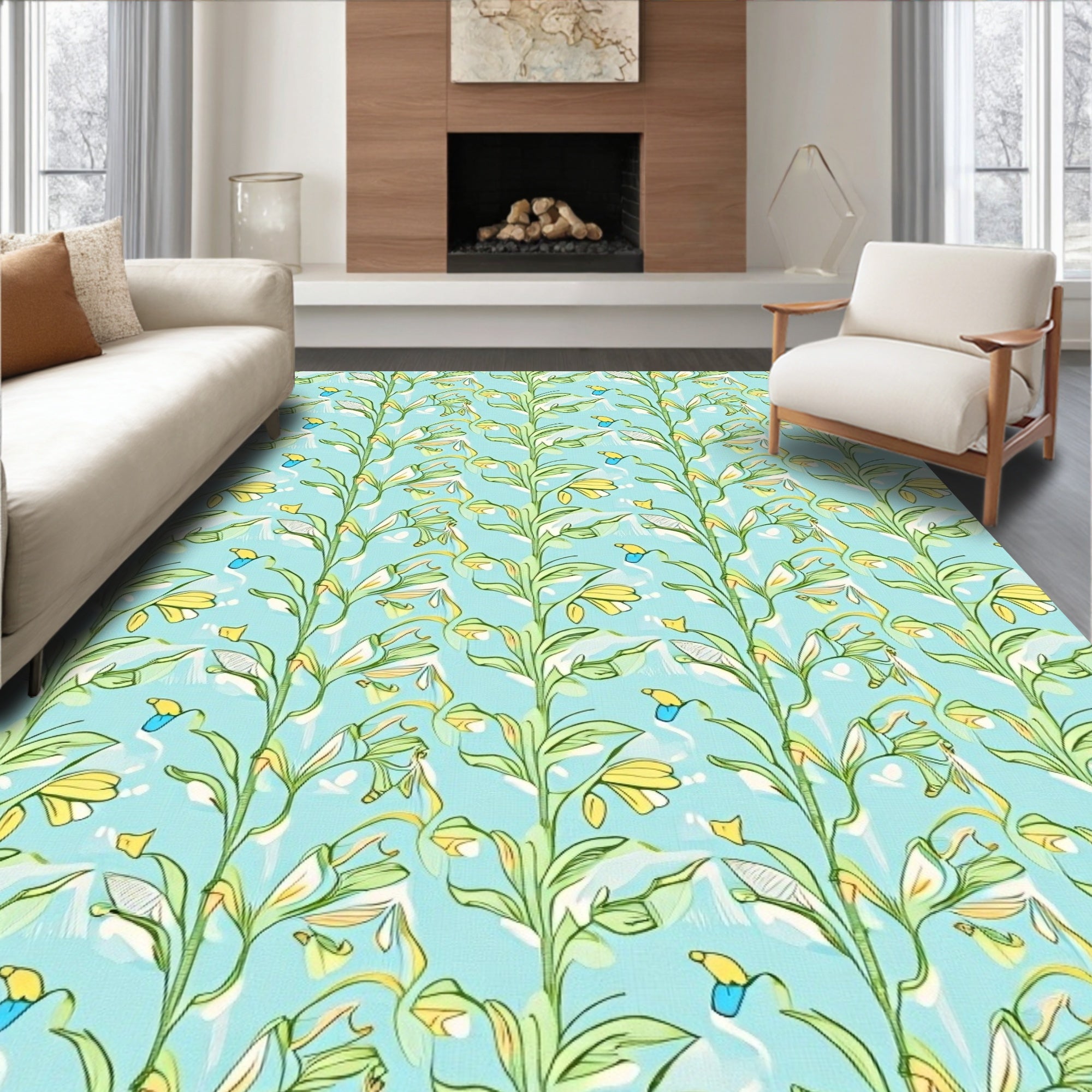 Light Blue Floral Garden Whimsical Lily Rug