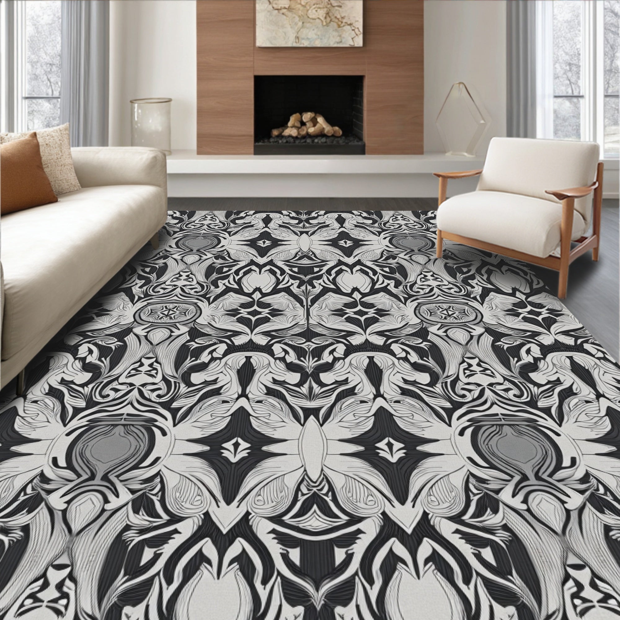 Monochrome Abstract Floral Symmetry Rug