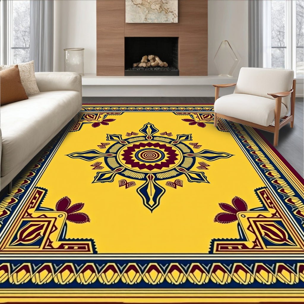Vibrant Yellow Plum Geometric Medallion Rug