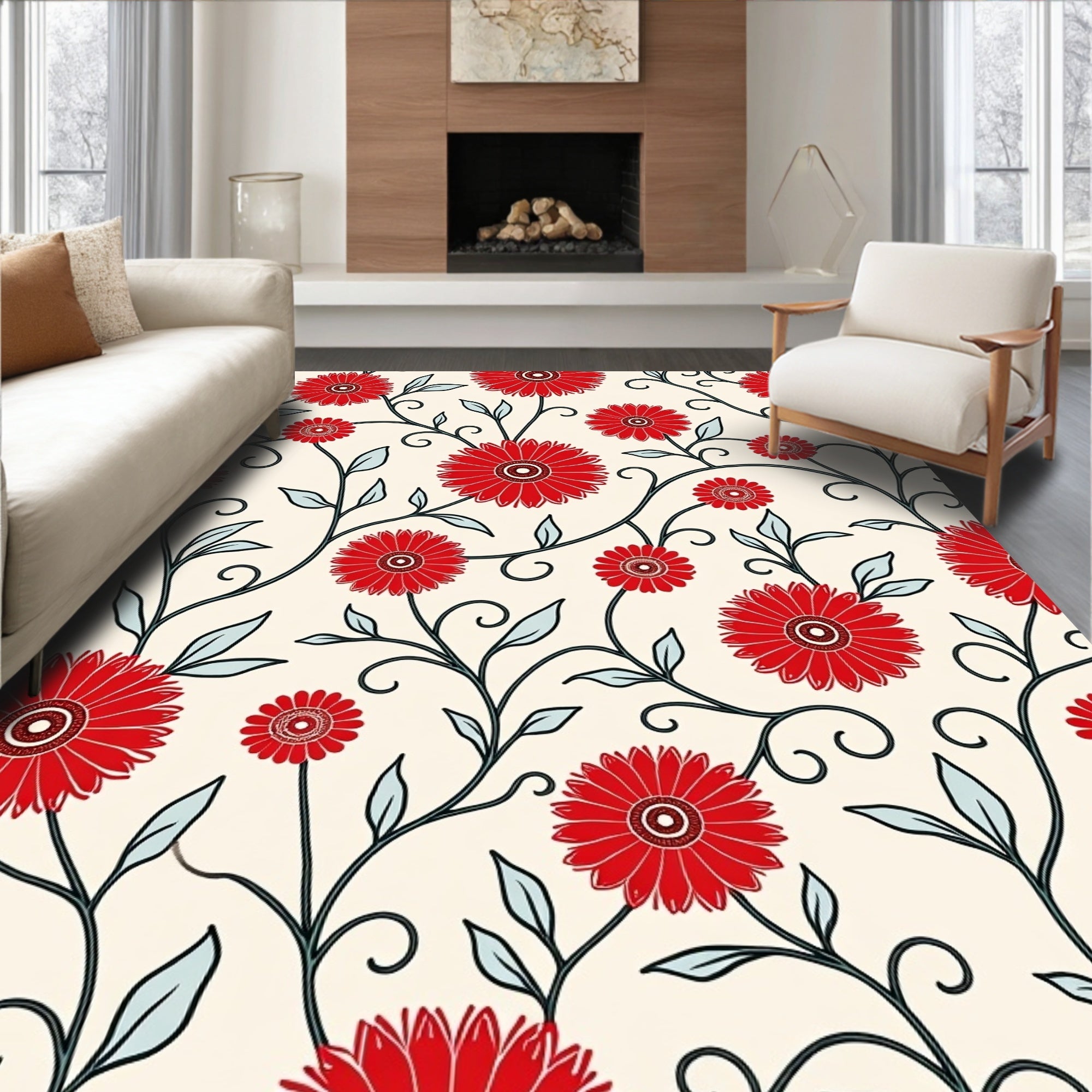 Crimson Floral Vine Scrollwork Rug