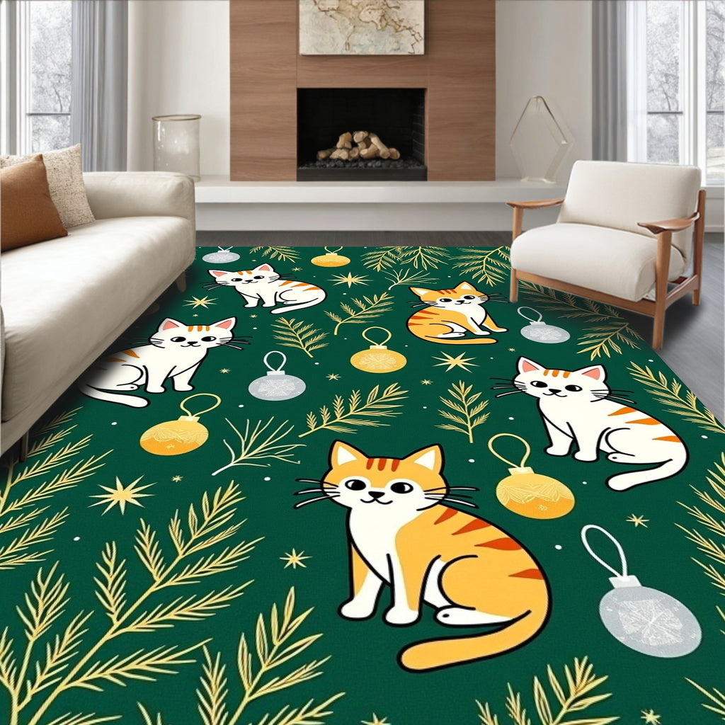 Green Whimsical Cat Christmas Ornament Rug