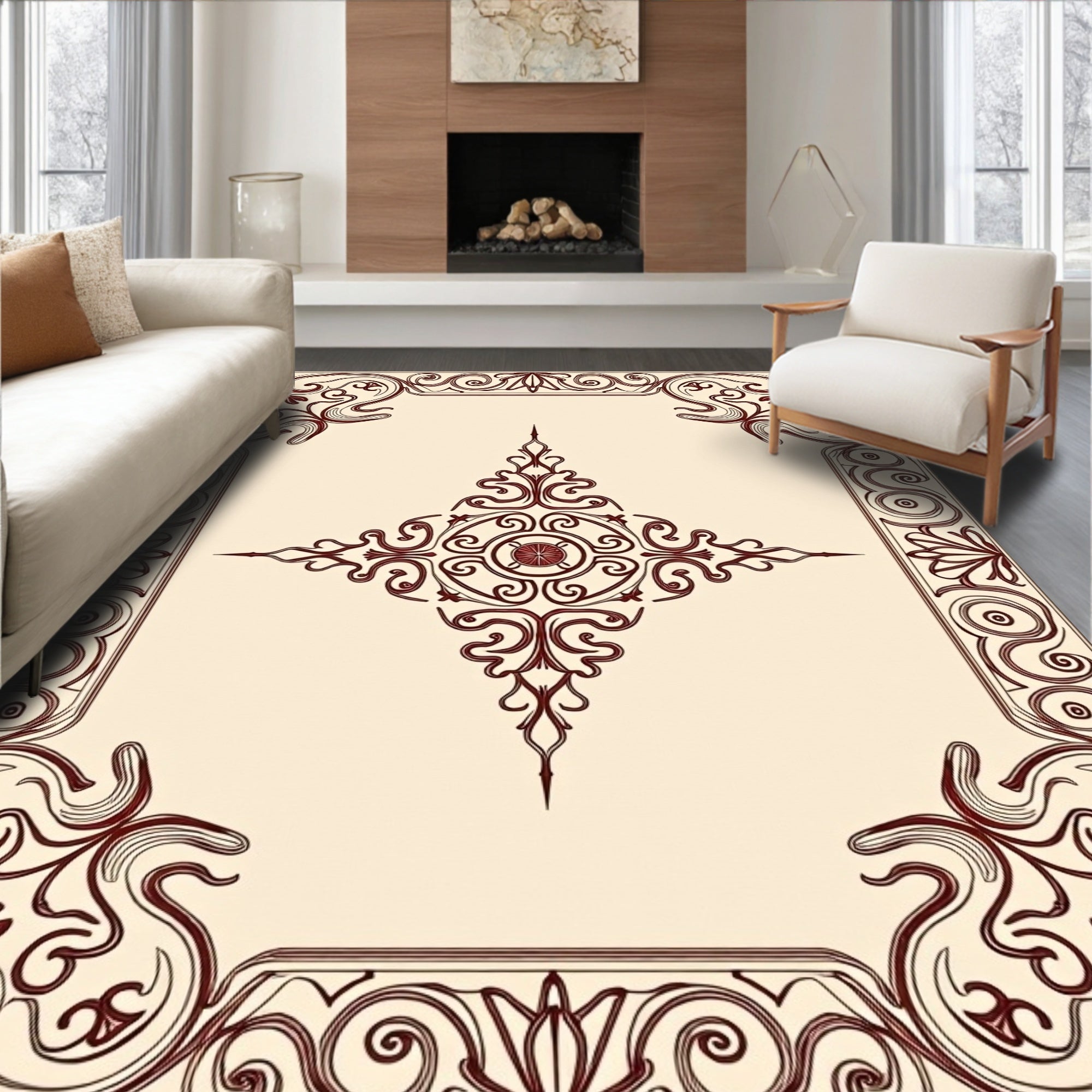 Ornate Burgundy Medallion Border Rug