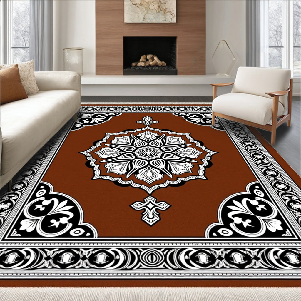 Ornate Brown Floral Medallion Border Rug