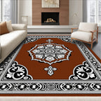 Ornate Brown Floral Medallion Border Rug