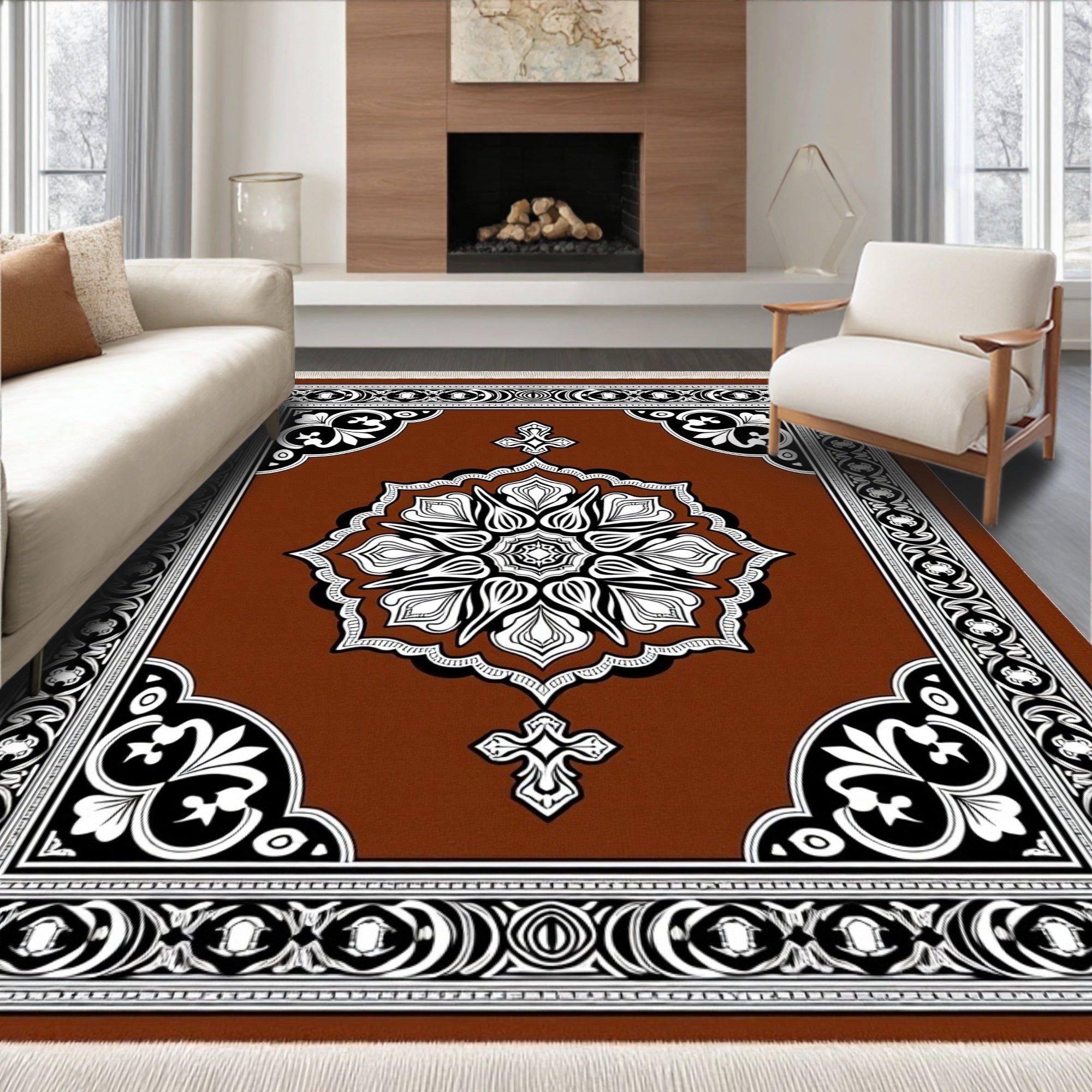 Ornate Brown Floral Medallion Border Rug