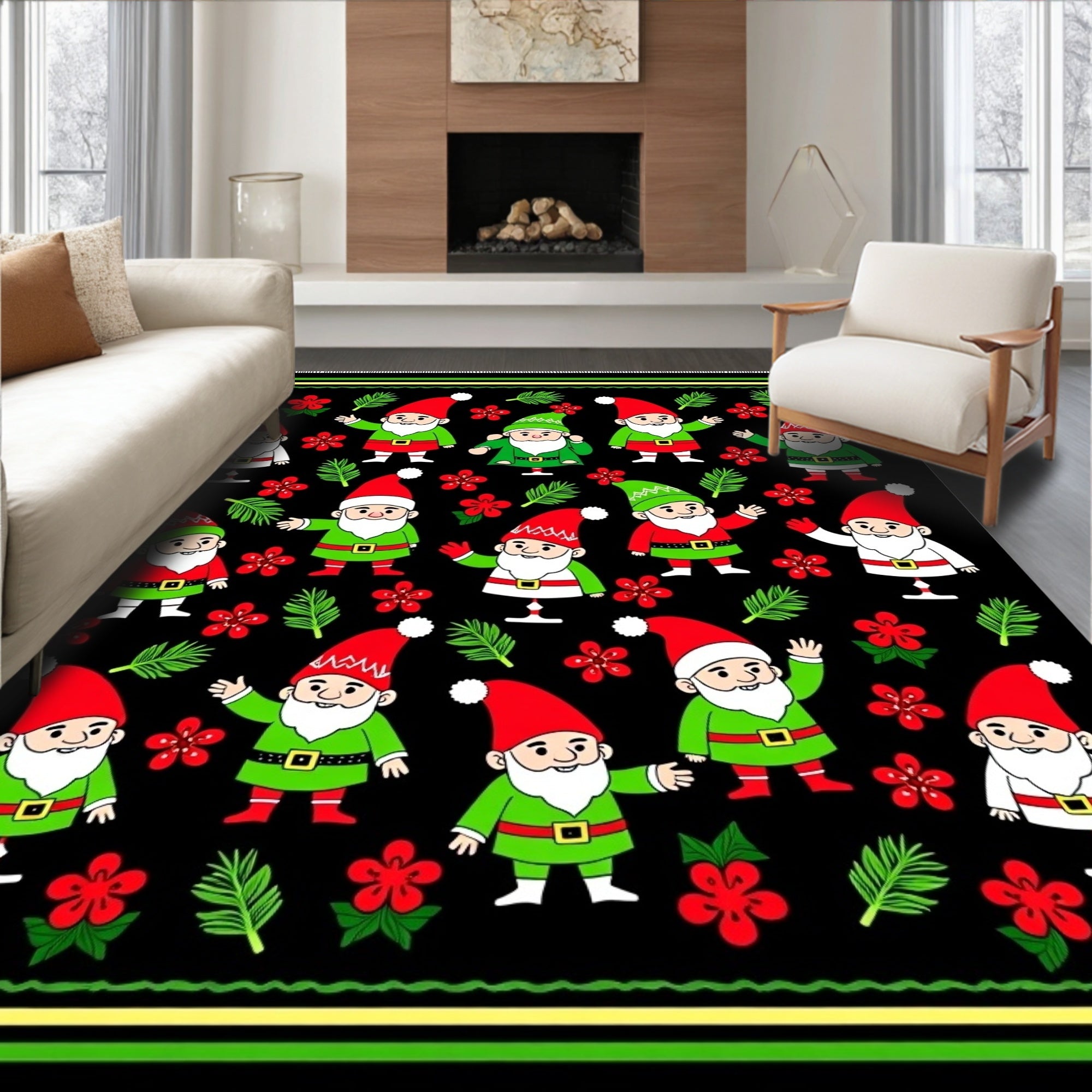 Whimsical Red Elf Christmas Gnome Medallion Rug
