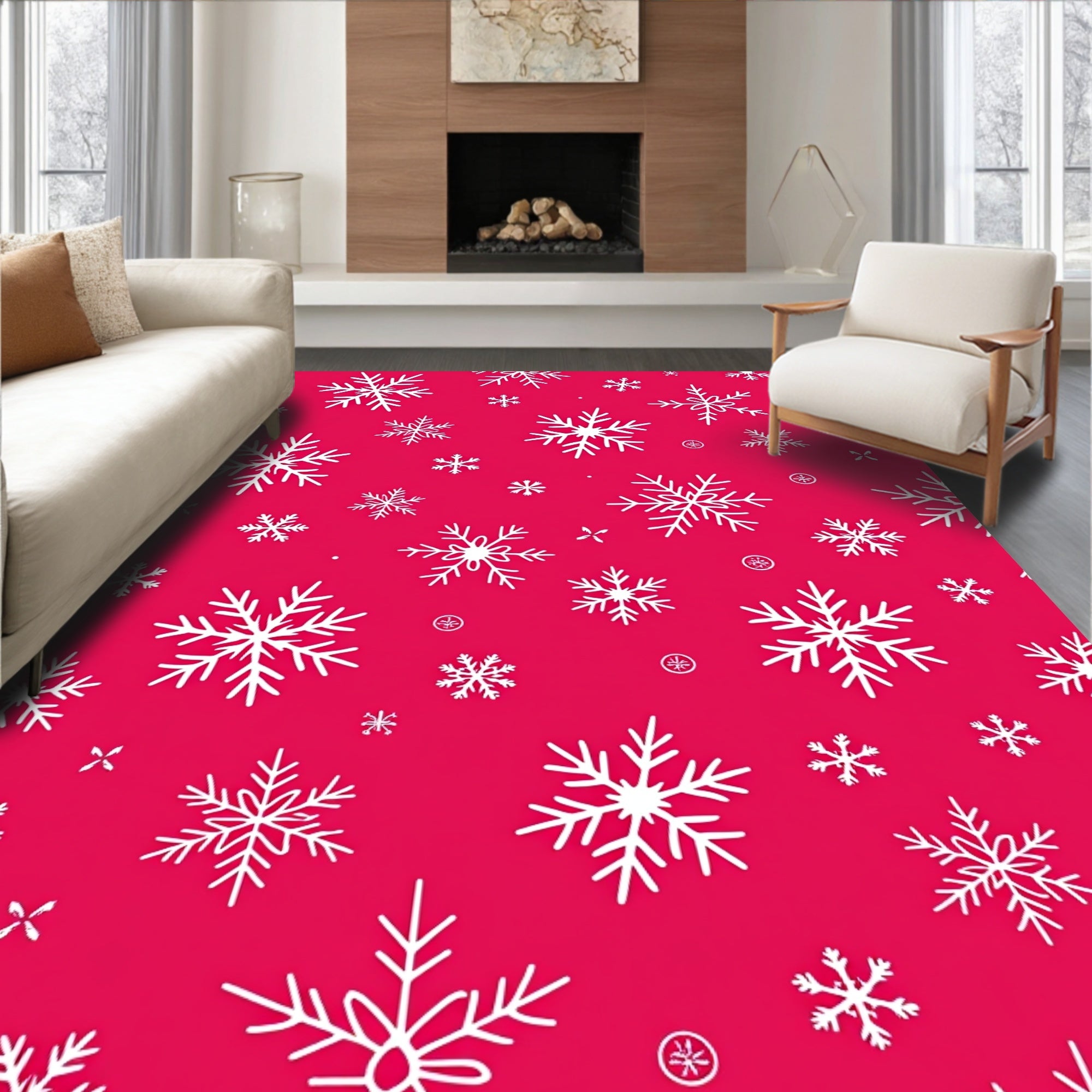 White Winter Snowflakes Crimson Field Rug