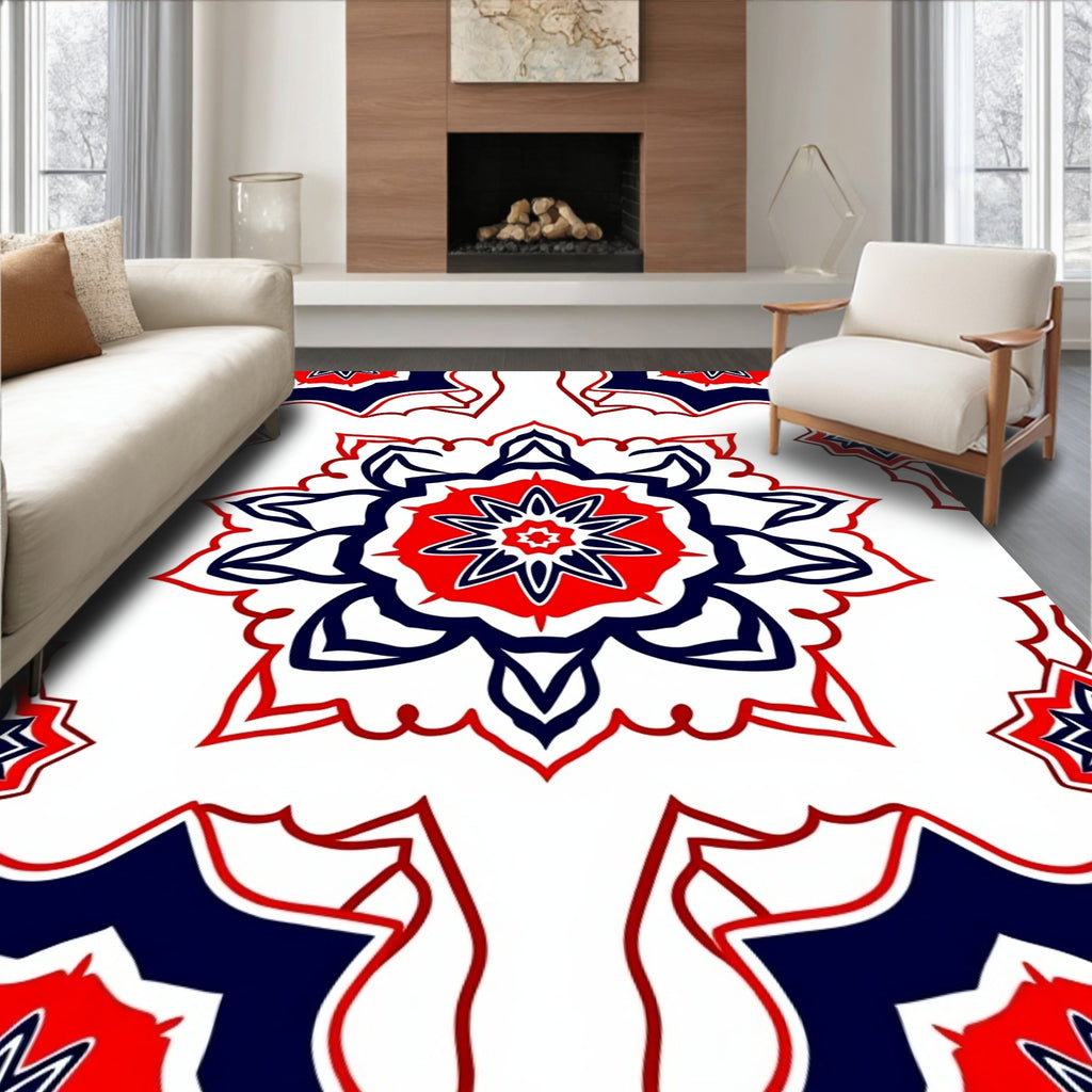 Crimson Navy Starburst Mandala Rug