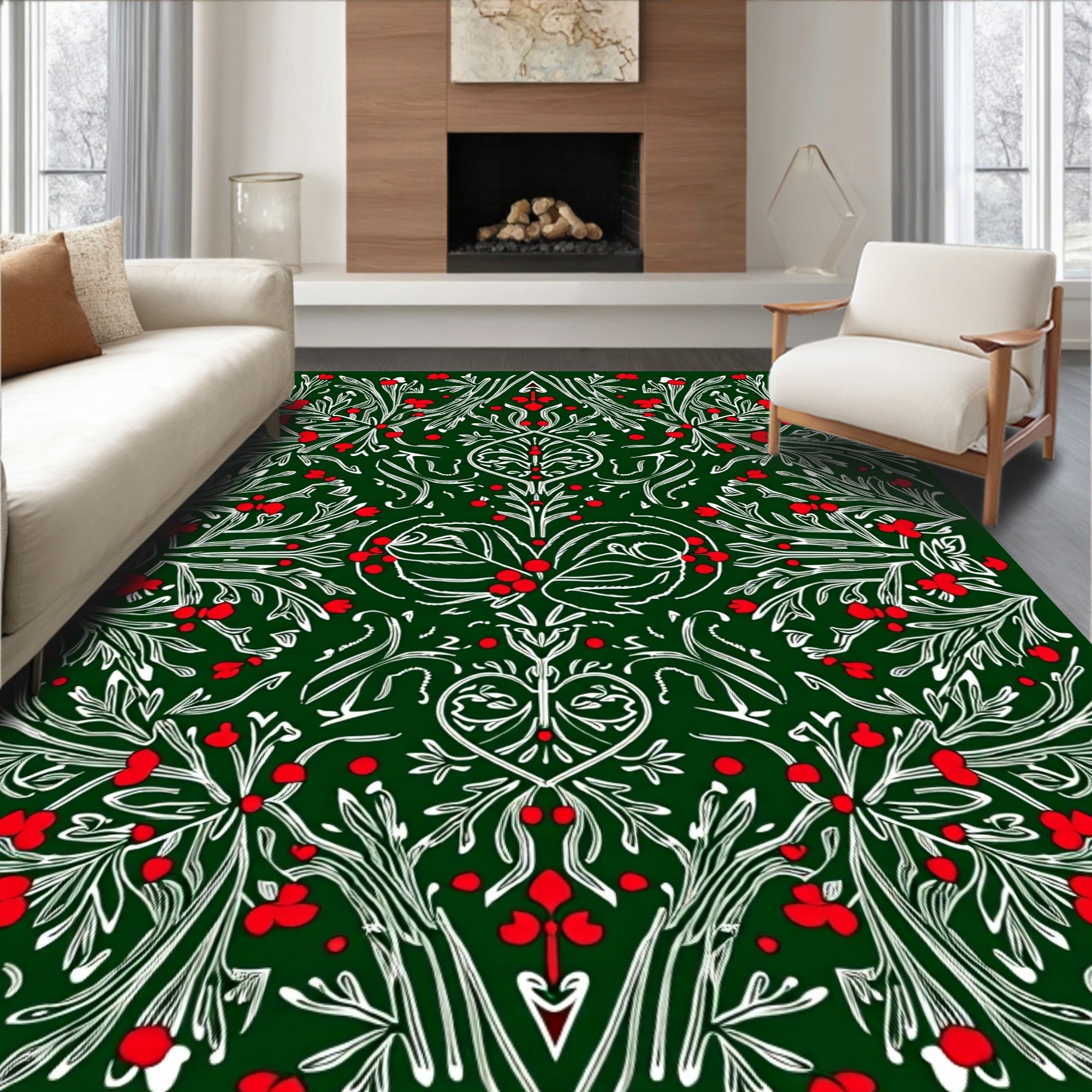 Emerald Green Berry Vine Symmetry Rug