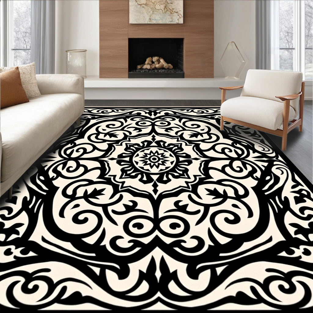 Black Cream Baroque Flourish Medallion Rug