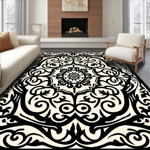 Black Cream Baroque Flourish Medallion Rug