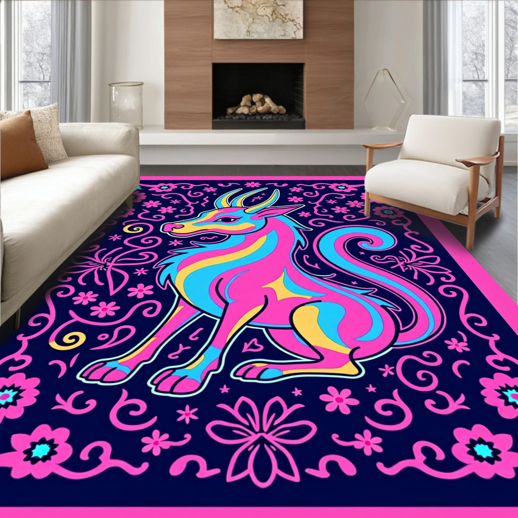 Vibrant Mythical Creature Floral Border Rug