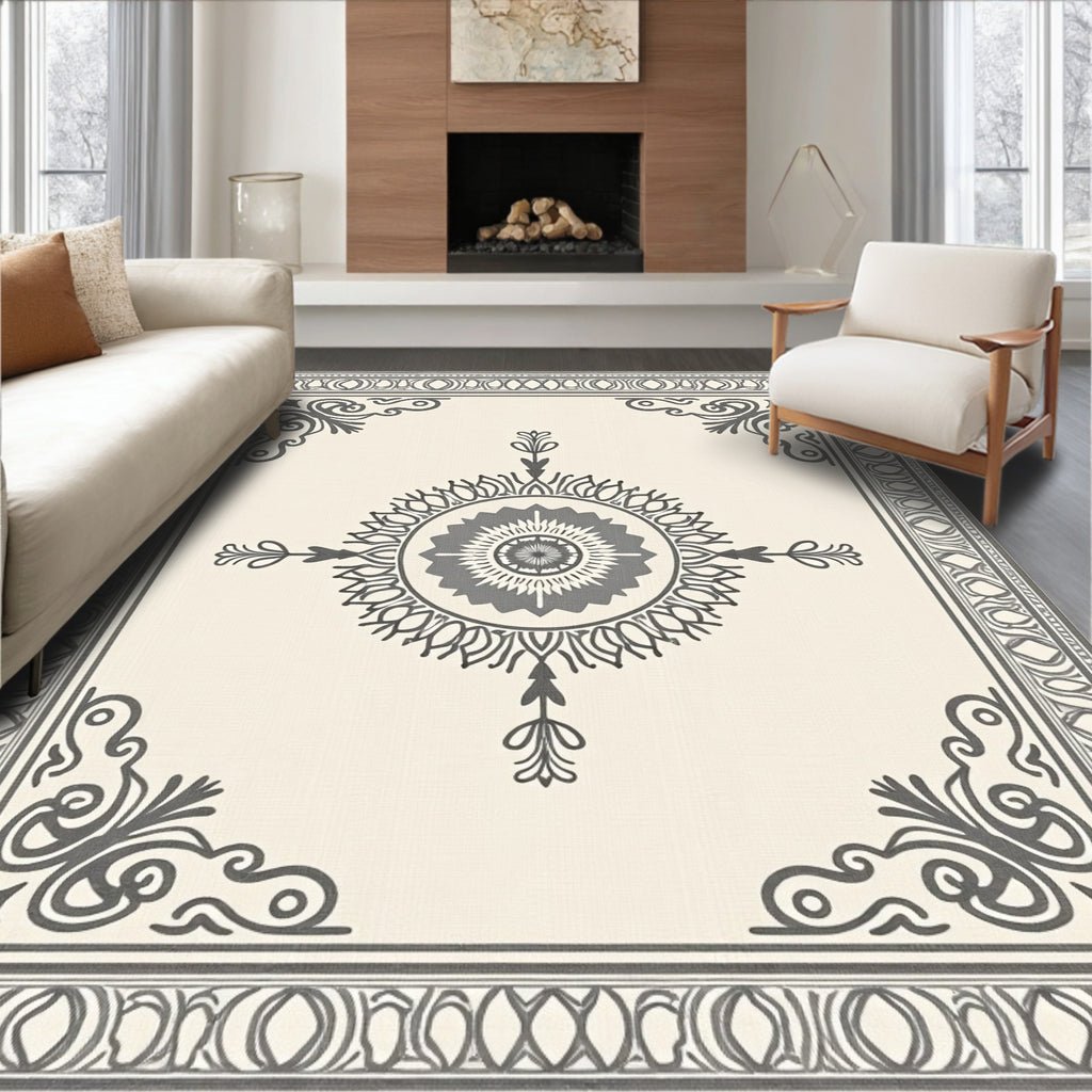 Cream Gray Mandala Frame Rug