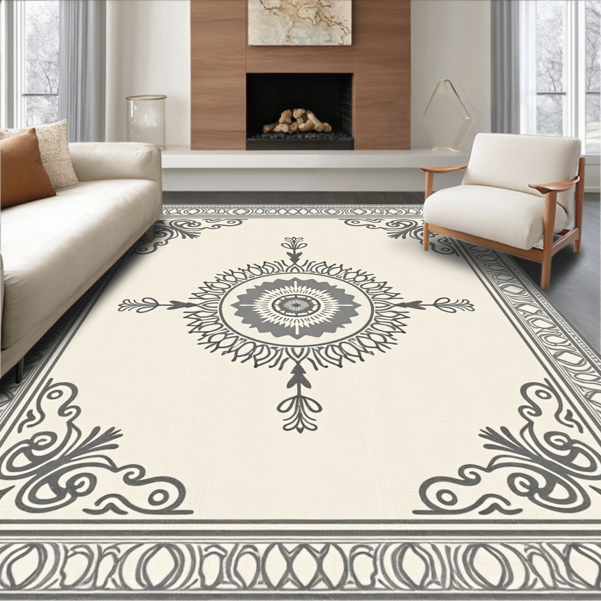 Cream Gray Mandala Frame Rug