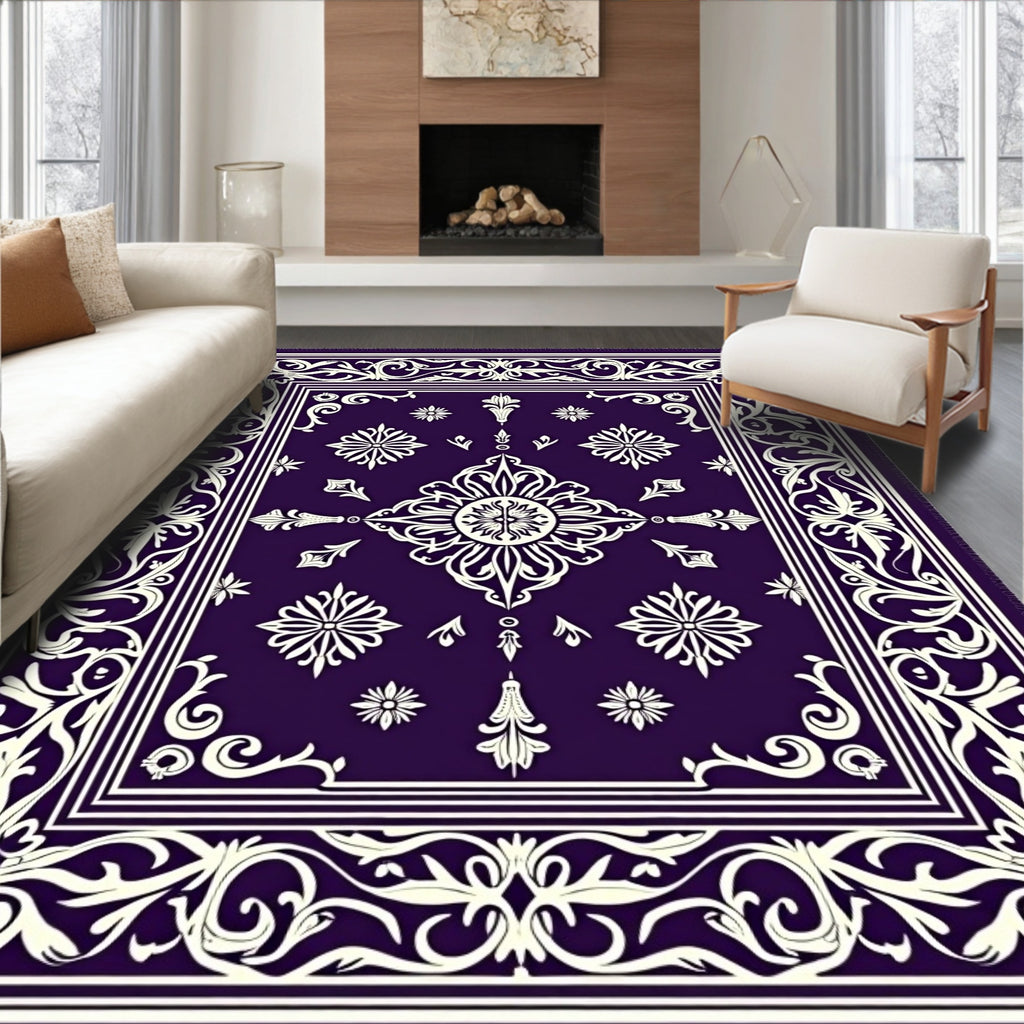 Deep Violet Floral Medallion Border Rug