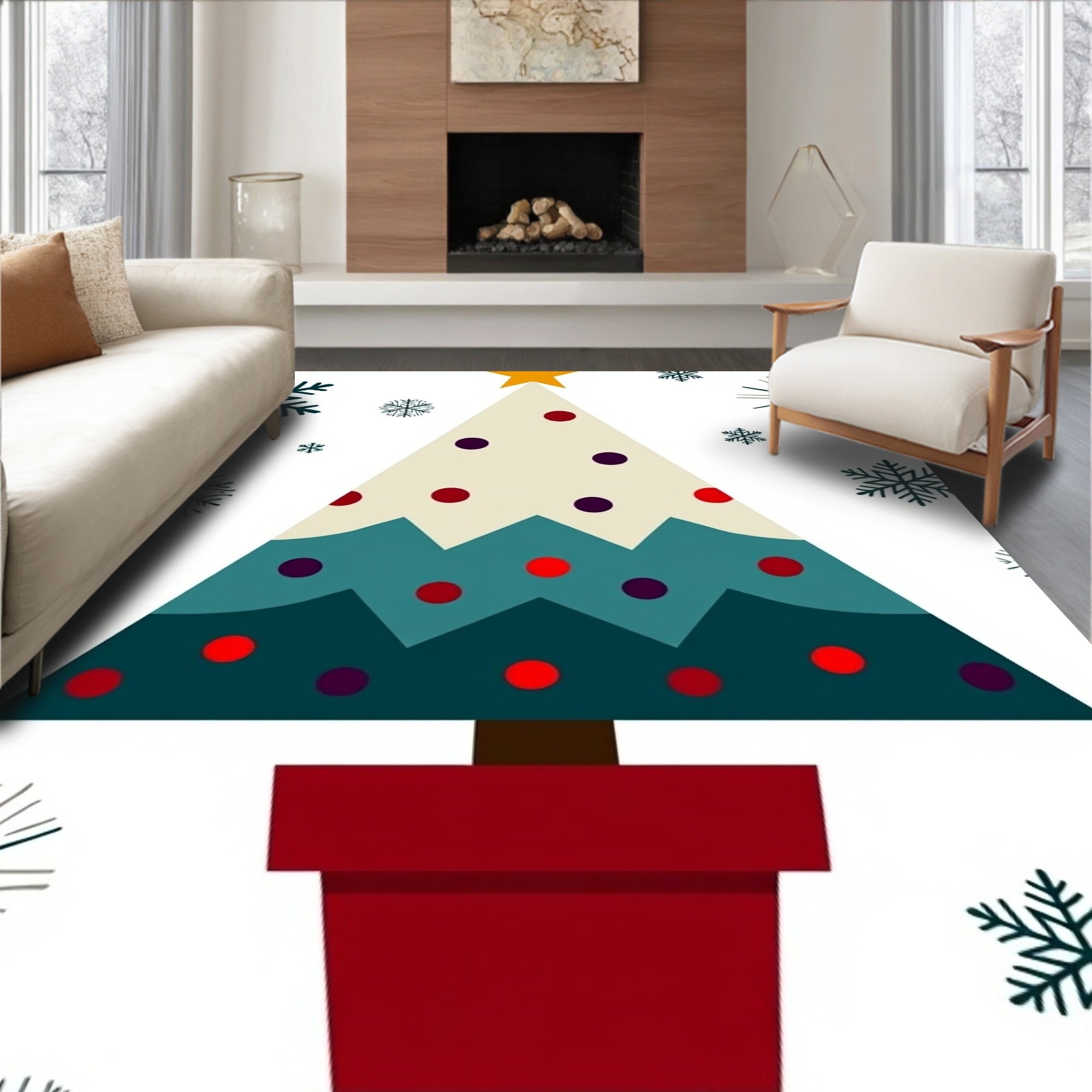 Festive Potted Evergreen Snowflakes Rug