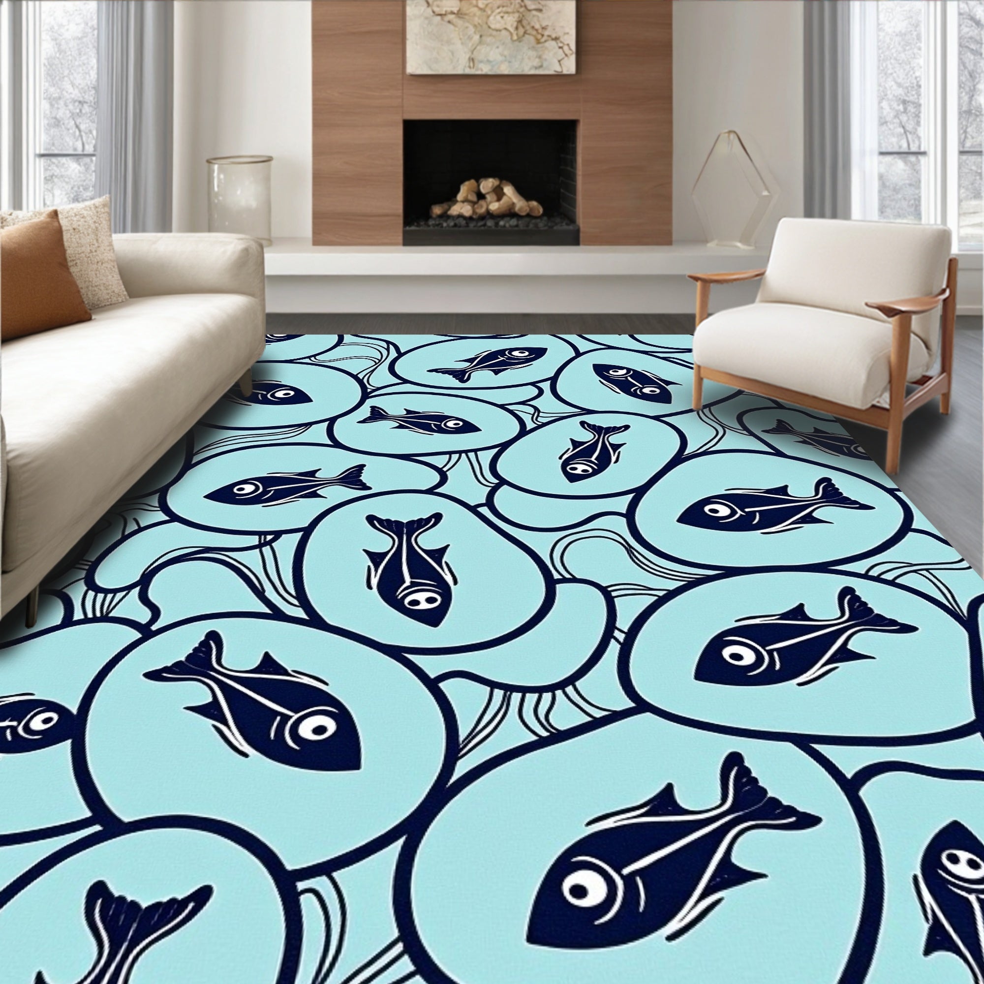 Navy Fish In Aqua Ovals Rug