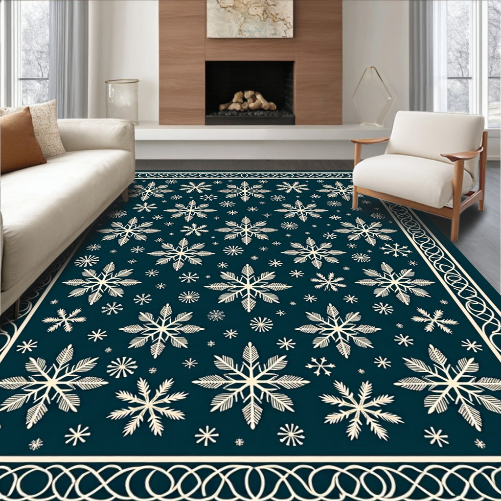 Cream Snowflakes On Dark Teal Background Rug