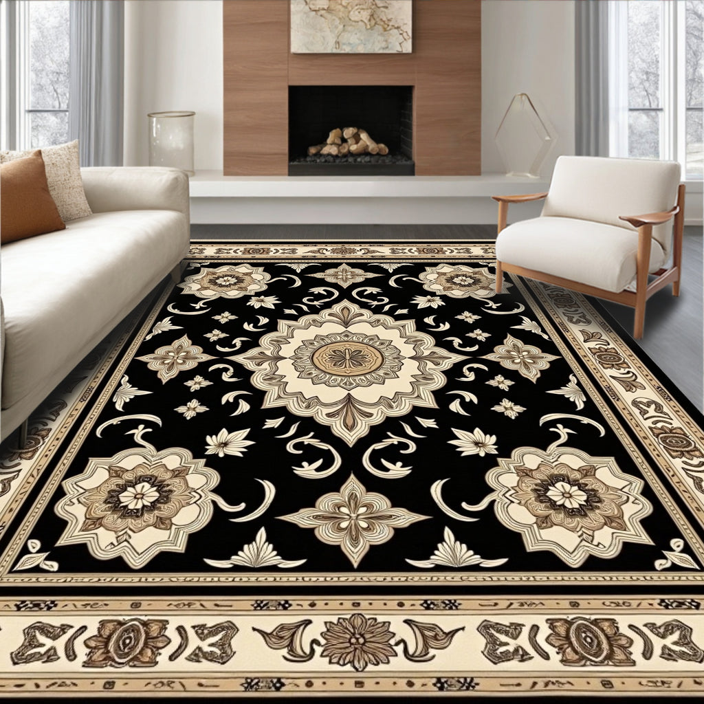 Black Cream Elaborate Floral Medallion Rug