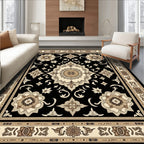 Black Cream Elaborate Floral Medallion Rug