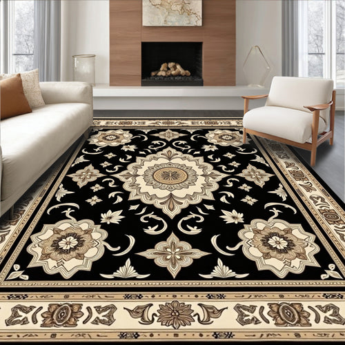 Black Cream Elaborate Floral Medallion Rug