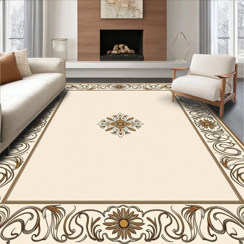 Elegant Gold Cream Floral Border Rug