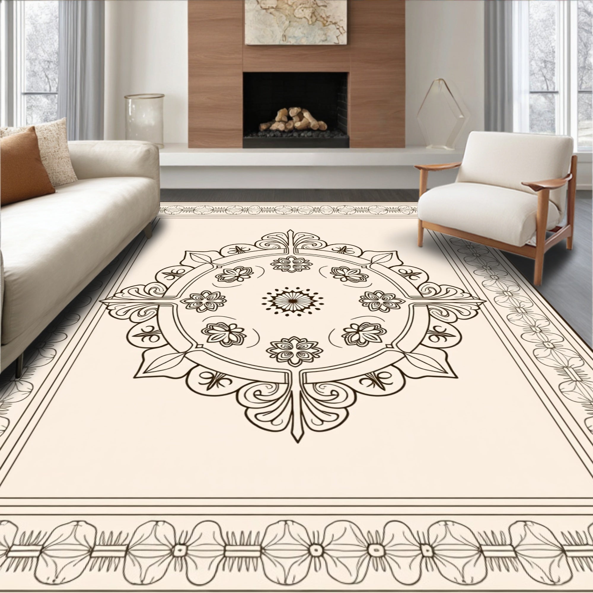 Cream Central Medallion Floral Border Rug