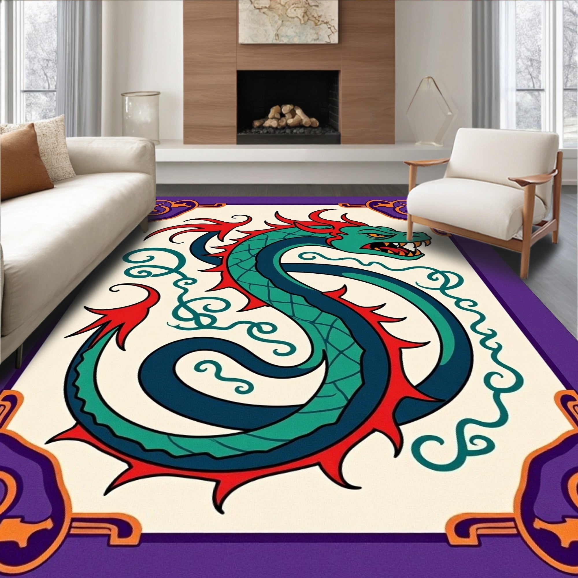 Vibrant Green Dragon Purple Border Accent Rug