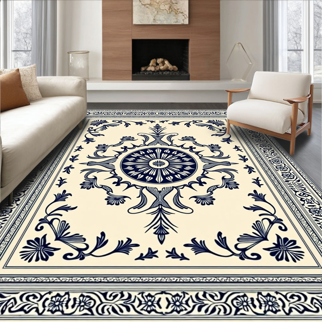 Navy Blue Ornate Floral Medallion Rug