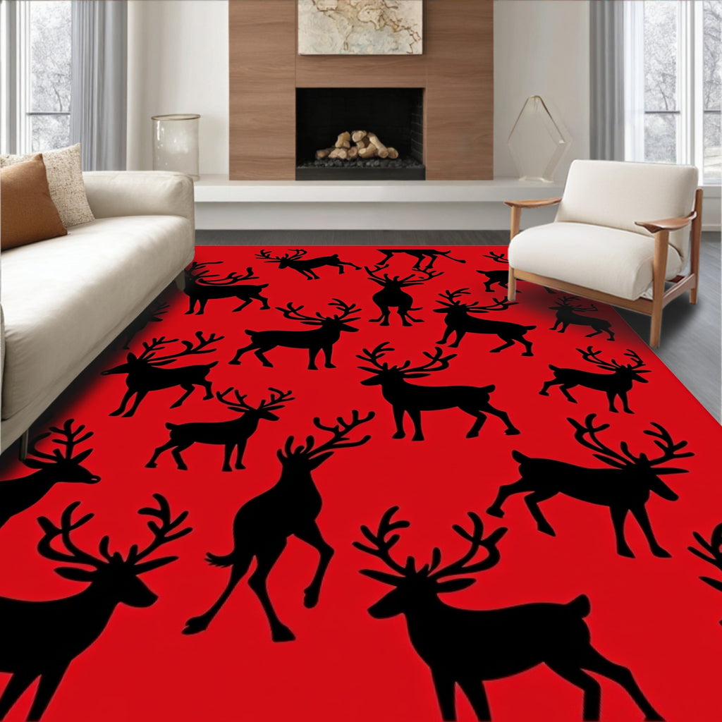 Black Reindeer Silhouette Scattered Red Background Rug