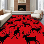 Black Reindeer Silhouette Scattered Red Background Rug