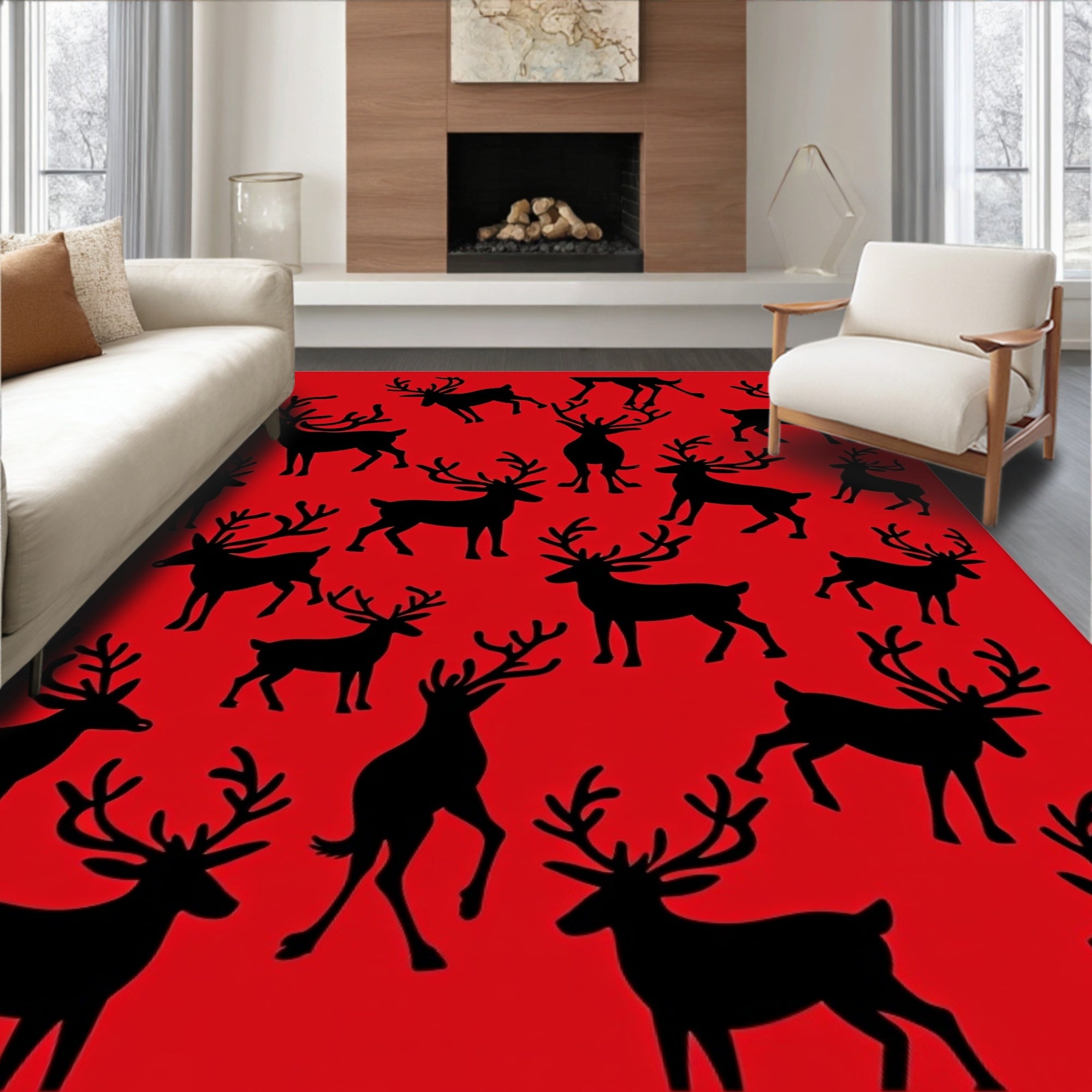 Black Reindeer Silhouette Scattered Red Background Rug