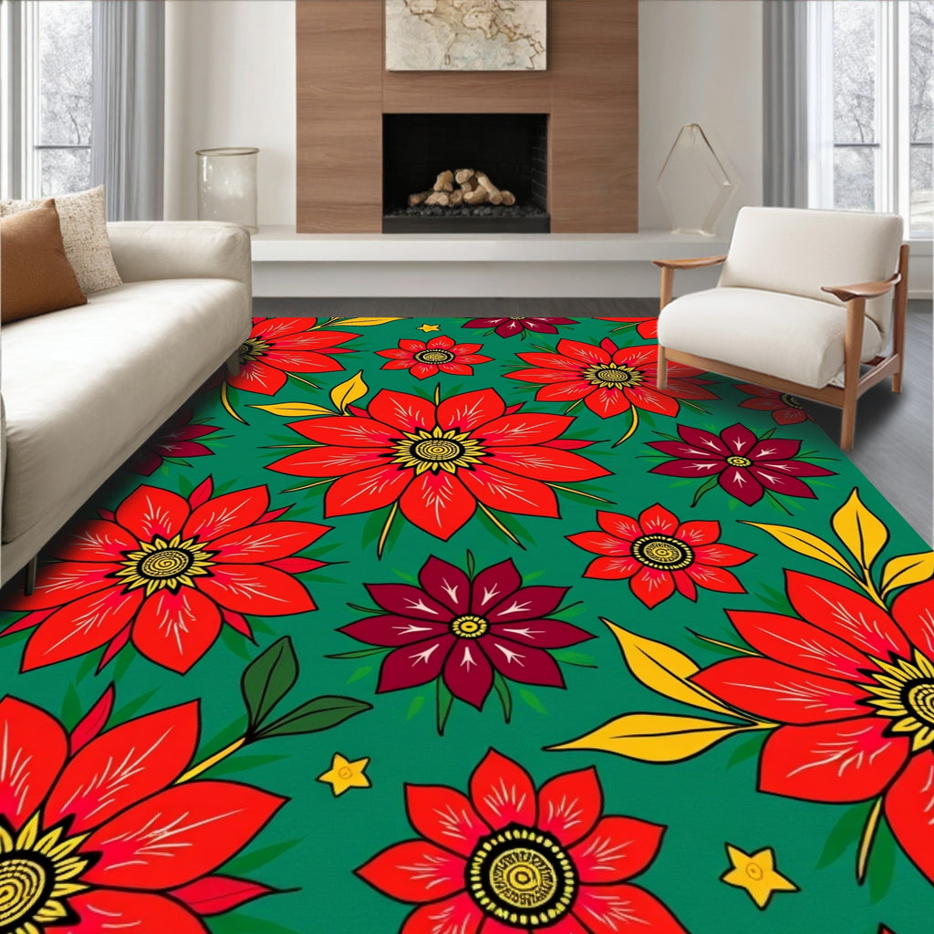 Vibrant Red Floral Explosion Emerald Background Rug