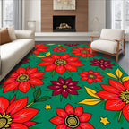 Vibrant Red Floral Explosion Emerald Background Rug