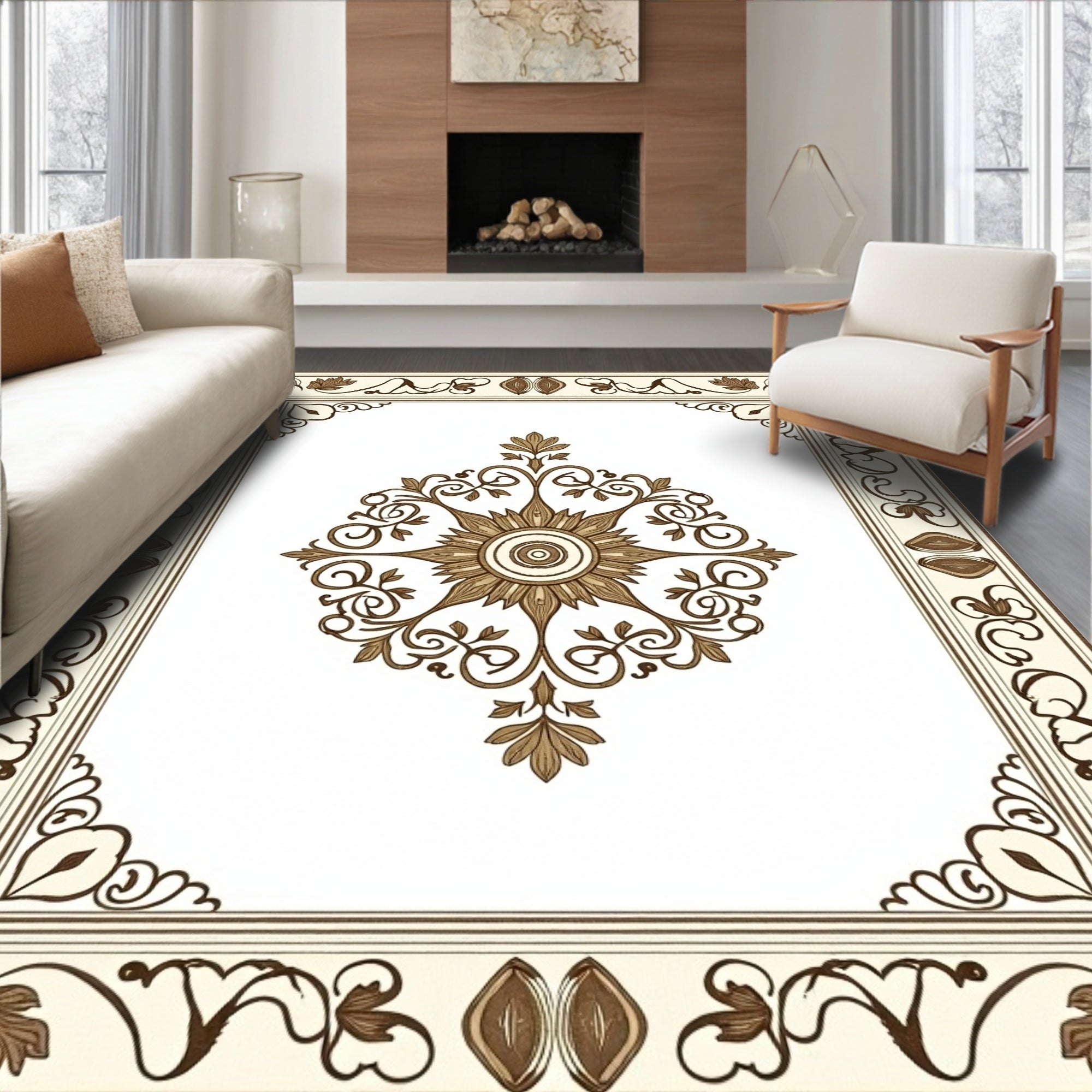 Ornate Golden Brown Floral Medallion Rug