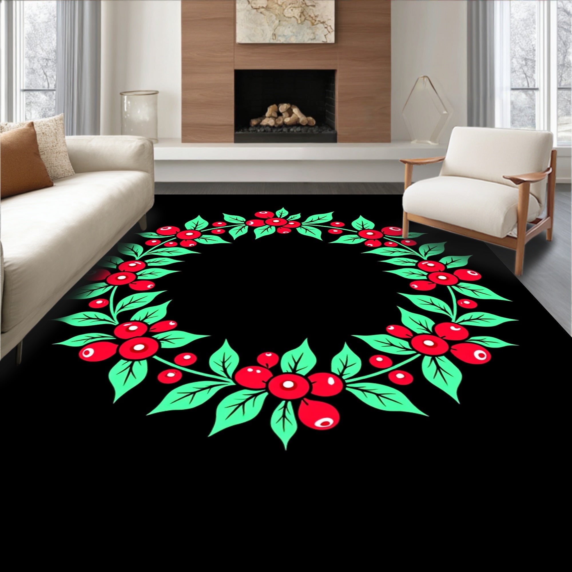 Crimson Berry Leaf Garland Rug