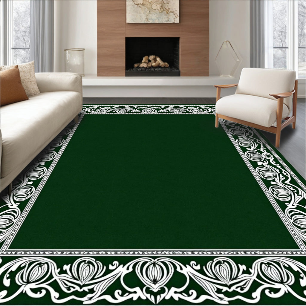 Elegant Emerald Green Floral Border Rug
