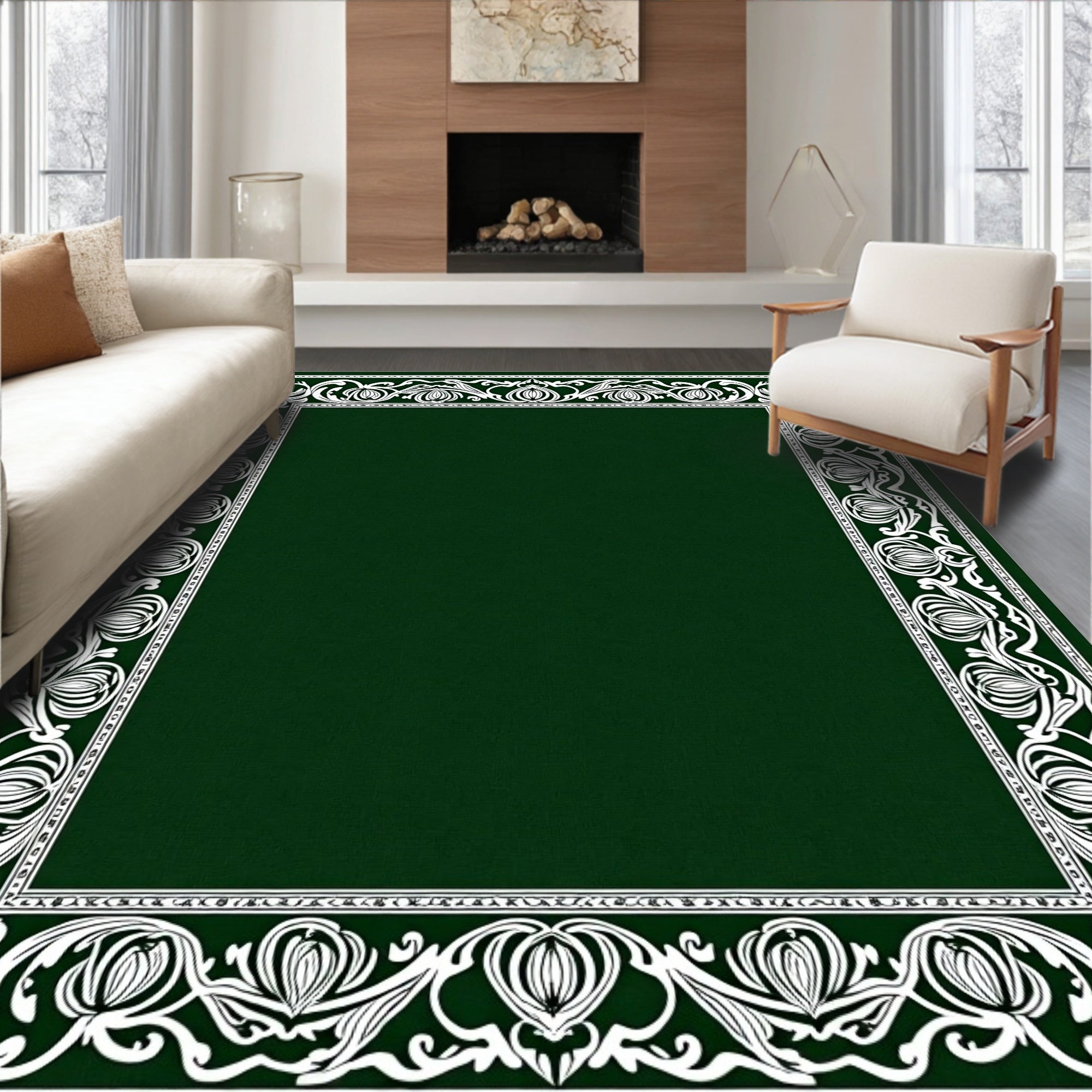 Elegant Emerald Green Floral Border Rug