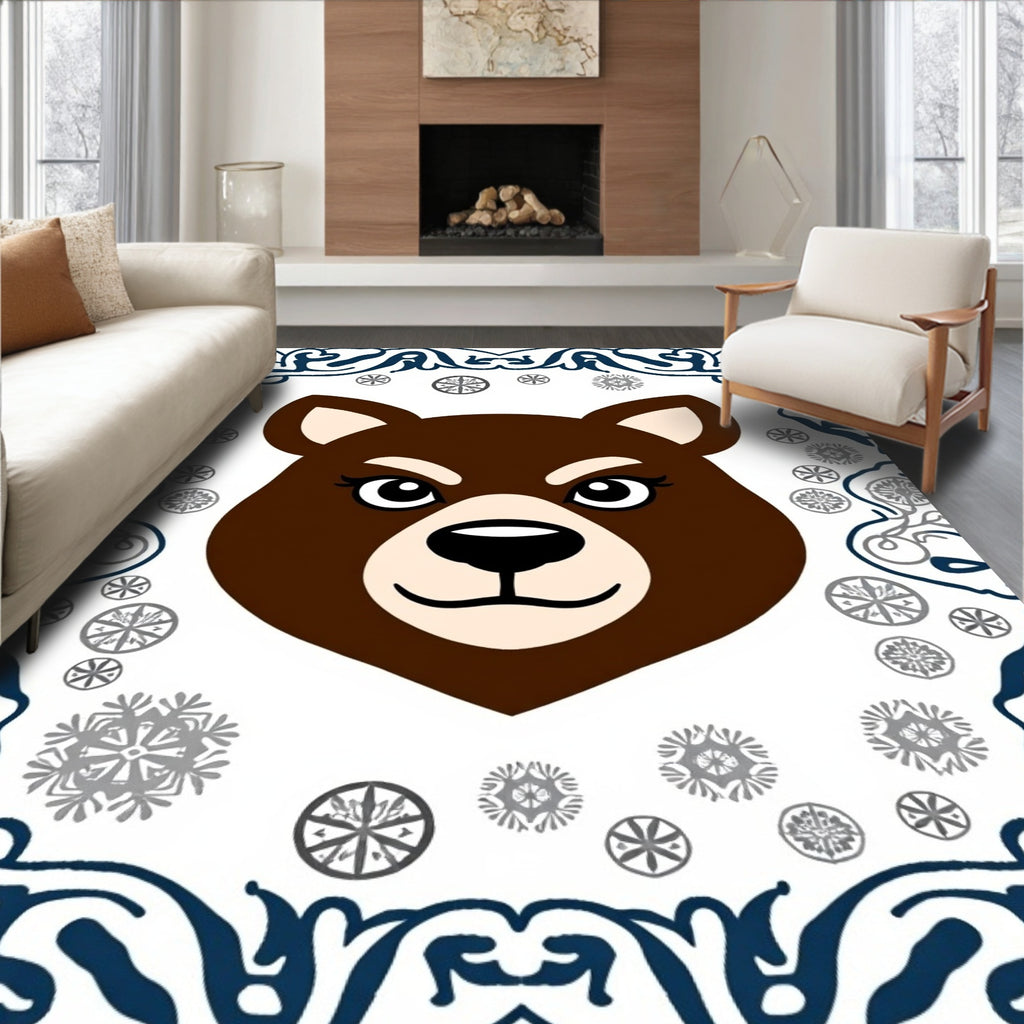 Charming Brown Bear With Snowflakes Border Rug