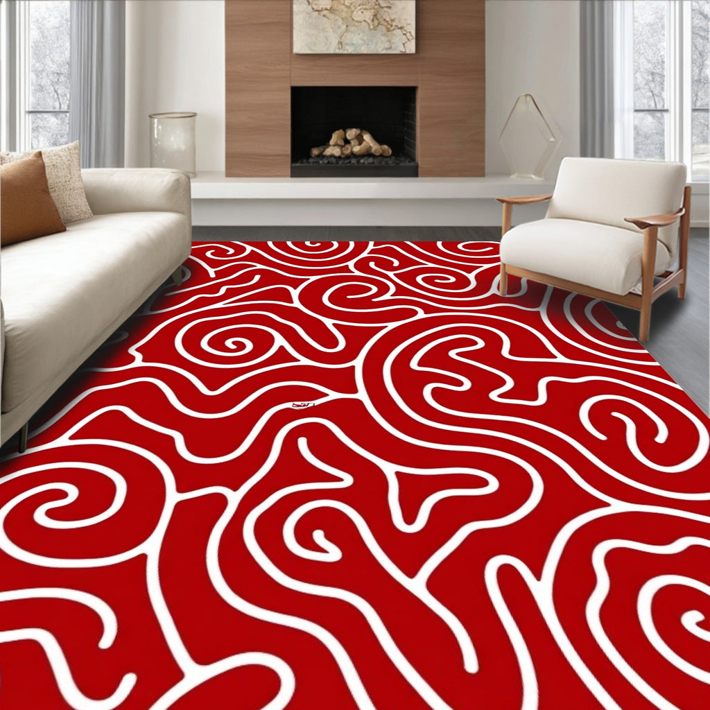 Crimson White Swirl Organic Line Art Rug