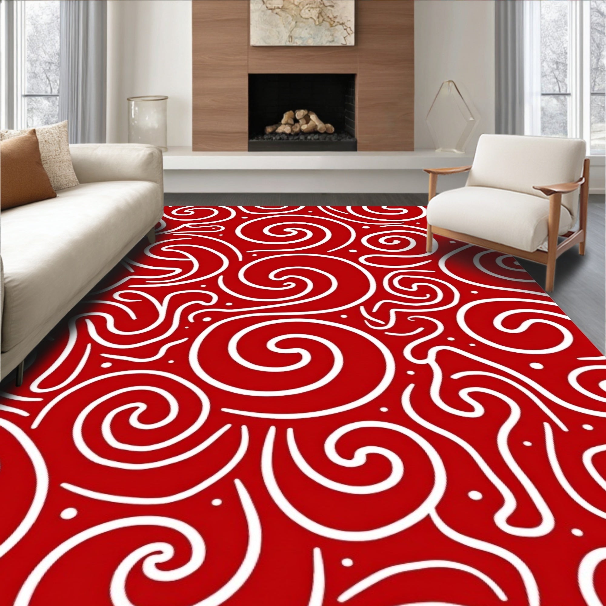 Crimson White Abstract Swirl Rug
