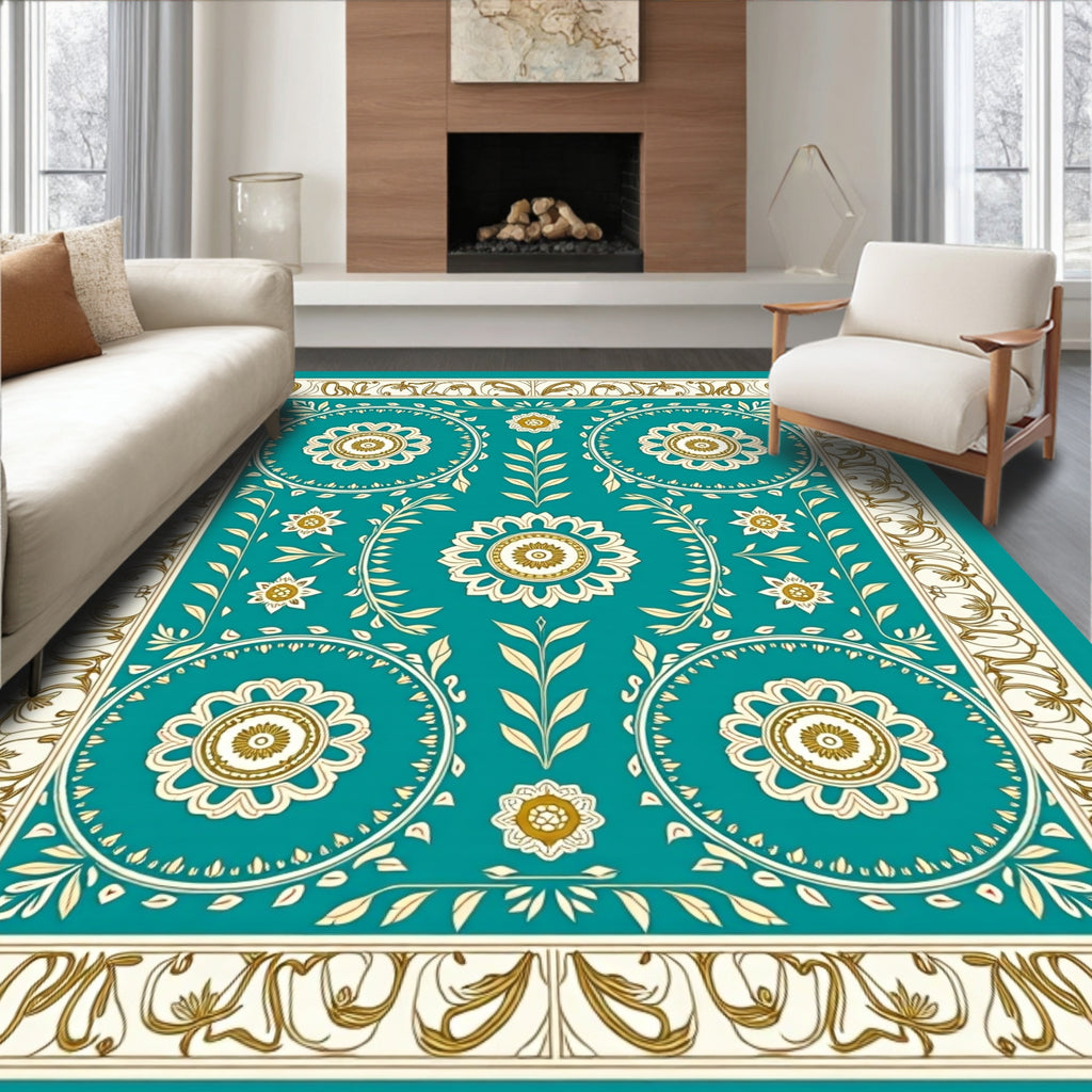 Teal Golden Floral Medallion Border Rug