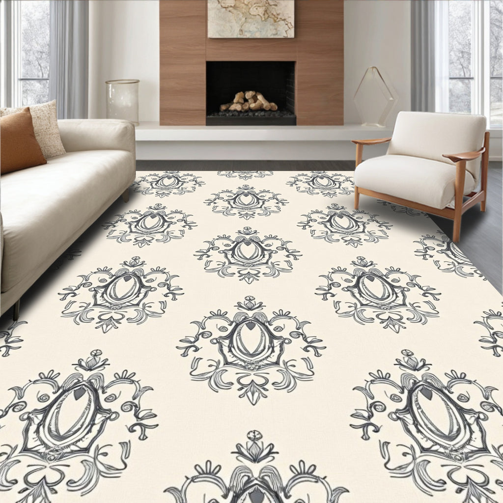 Cream and Charcoal Damask Oval Accents Rug
