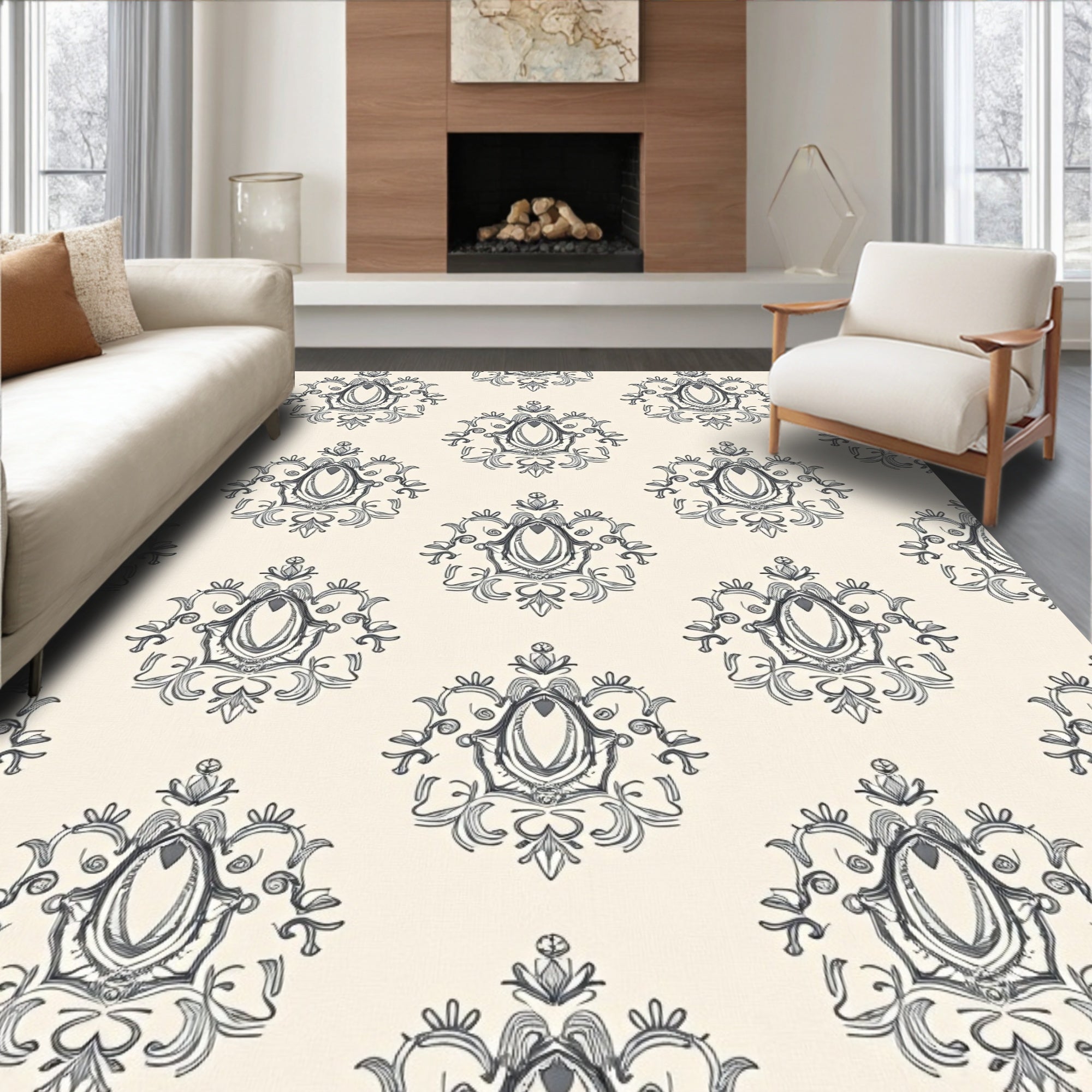Cream and Charcoal Damask Oval Accents Rug