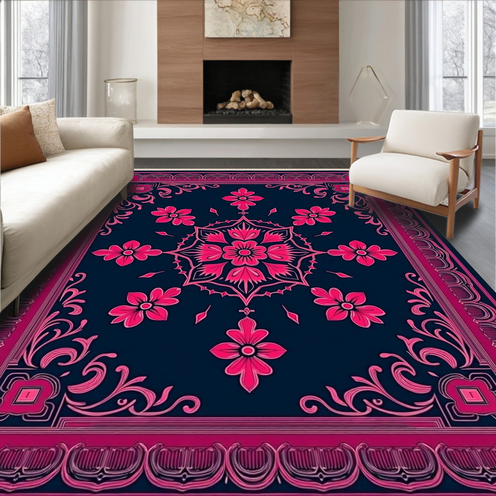 Fuchsia Floral Medallion Navy Rug