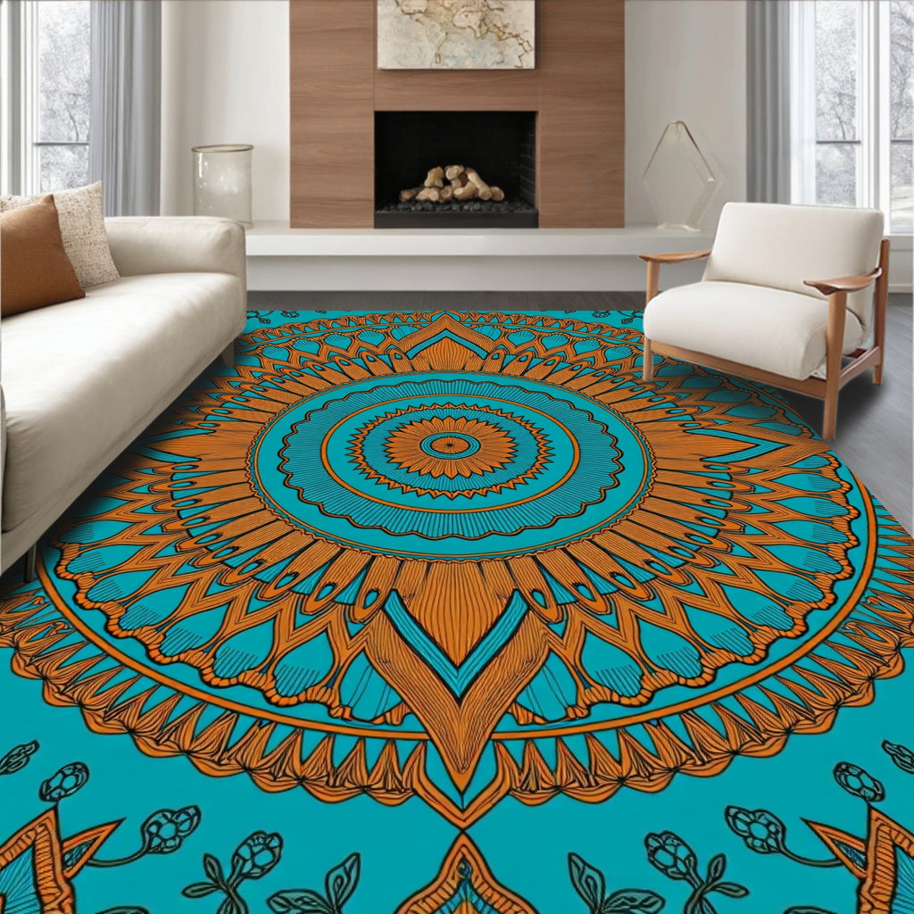 Teal Orange Medallion Folk Art Rug